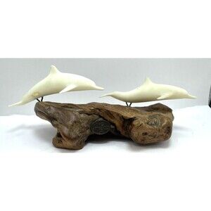 John Perry 2 Dolphins Figurine Resin Wood Base Signed Marine Animals